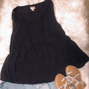 Navy Swiss dot flowy tank